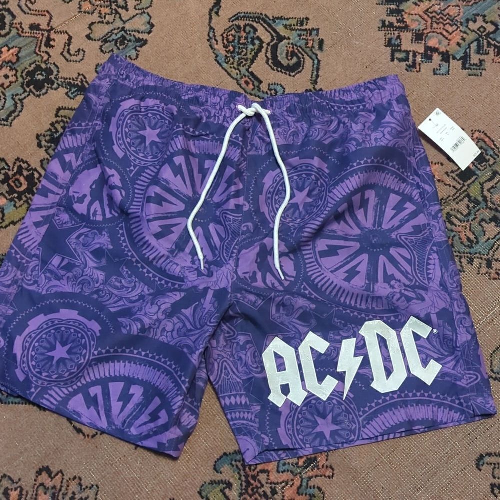 Men's AC/DC Rock Band Elastic Waist Printed Swim Shorts - Dark Purple